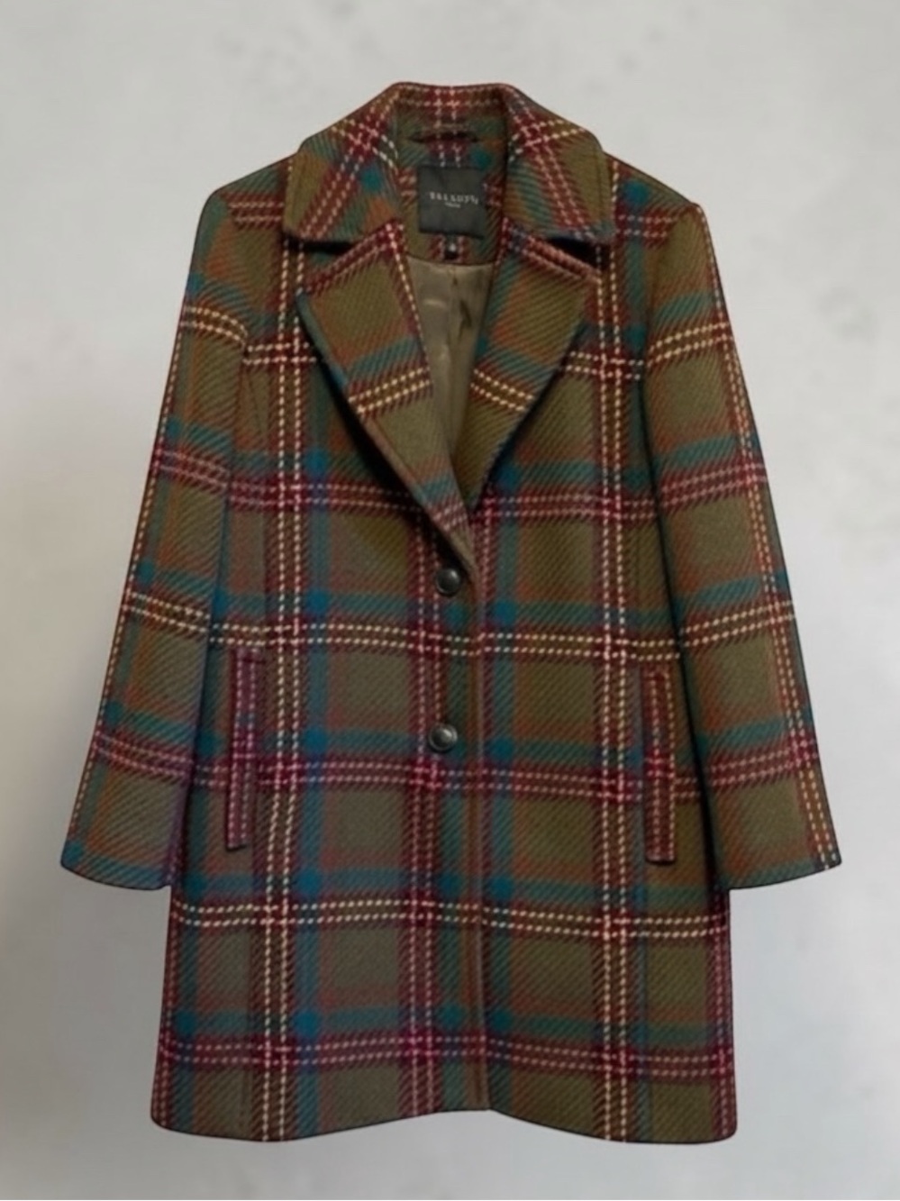 Talbots Wool Blend Olive Green Multi Plaid Textured Tweed Coat Like New Size Xlp